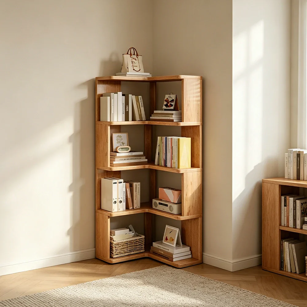 LIVARA Corner Bookshelf - Eco Clear Lacquer Solid Wood Multi-Tier Storage Shelf - Natural Wood - Image 4