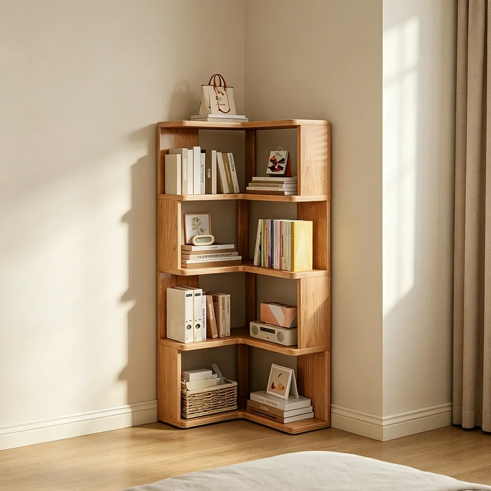 LIVARA Corner Bookshelf - Eco Clear Lacquer Solid Wood Multi-Tier Storage Shelf - Natural Wood - Image 5