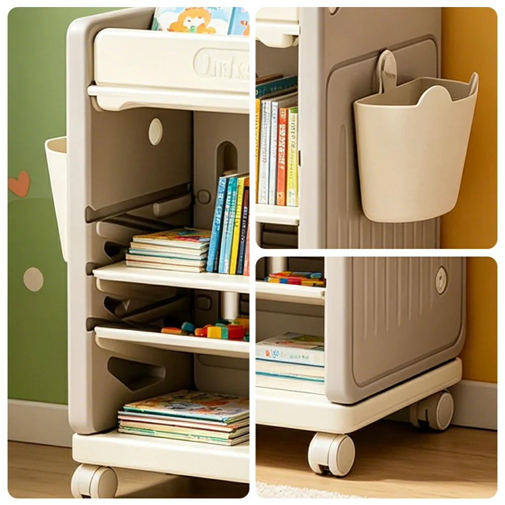 LIVARA Kids Mobile Bookcase with Adjustable Shelves and Wheels for Kids Room Study Area and Reading Space - Grey - Image 3