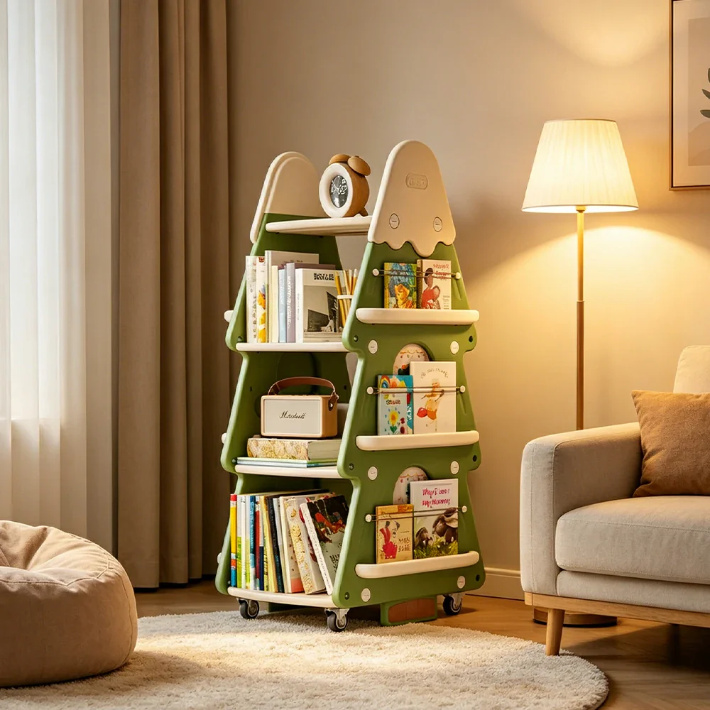 LIVARA Christmas Tree Kids Mobile Bookshelf Multi-Layer Storage with Quiet Casters for Kids Room - Green - Image 2