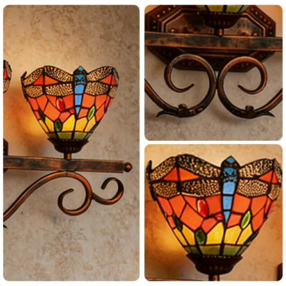 LIVARA European Vintage Red Dragonfly 3-Light Wall Light Stained Glass Handcrafted Iron Frame 63cm Living Room Bedroom Dining - Image 3