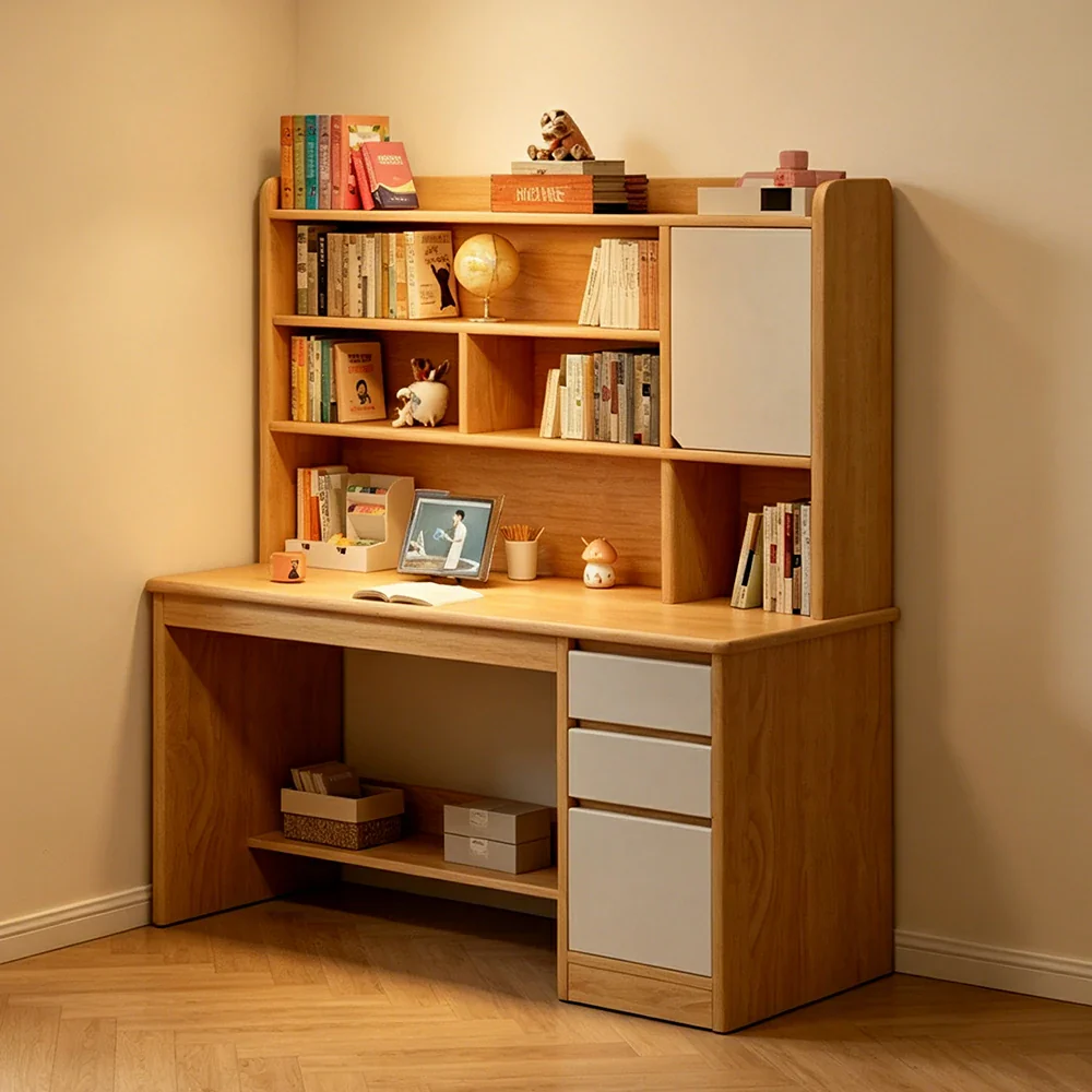 LIVARA Integrated Desk & Bookshelf High Cabinet with Large Storage for Bedroom, Study Room & Learning Area - Wood - Image 2
