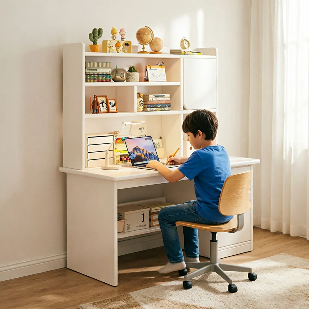 LIVARA Integrated Desk & Bookshelf High Cabinet with Large Storage for Bedroom, Study Room & Learning Area - White - Image 7