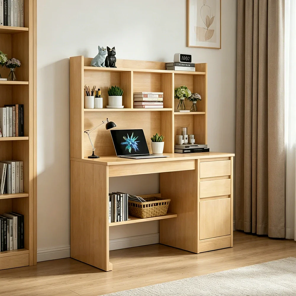 LIVARA Nordic Desk & Bookshelf Combo Large Desktop & Multi-Zone Storage for Bedroom, Study Room & Kids Study Area - Wood - Image 2