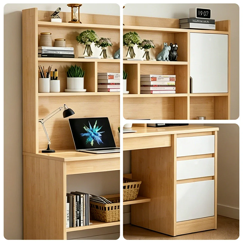 LIVARA Nordic Desk & Bookshelf Combo with Doors, Large Desktop & Multi-Zone Storage for Bedroom, Study Room & Kids Study Area - Wood&White - Image 3