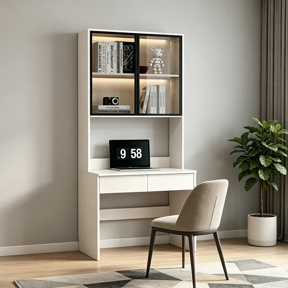LIVARA Bookshelf Computer Desk 80cm Solid Wood with Dual Drawers for Bedroom, Study Room & Small Space Office - White - Image 2