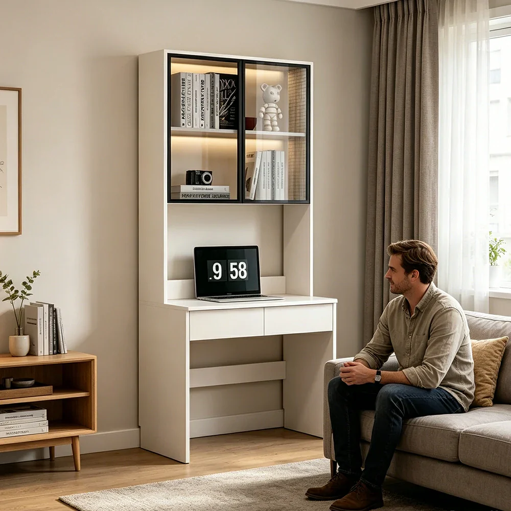 LIVARA Bookshelf Computer Desk 80cm Solid Wood with Dual Drawers for Bedroom, Study Room & Small Space Office - White - Image 6