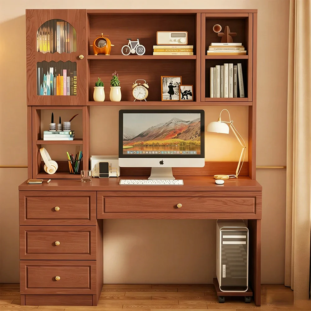LIVARA Desk with Bookshelf Storage & Drawers for Bedroom Study Room - Walnut - Image 2