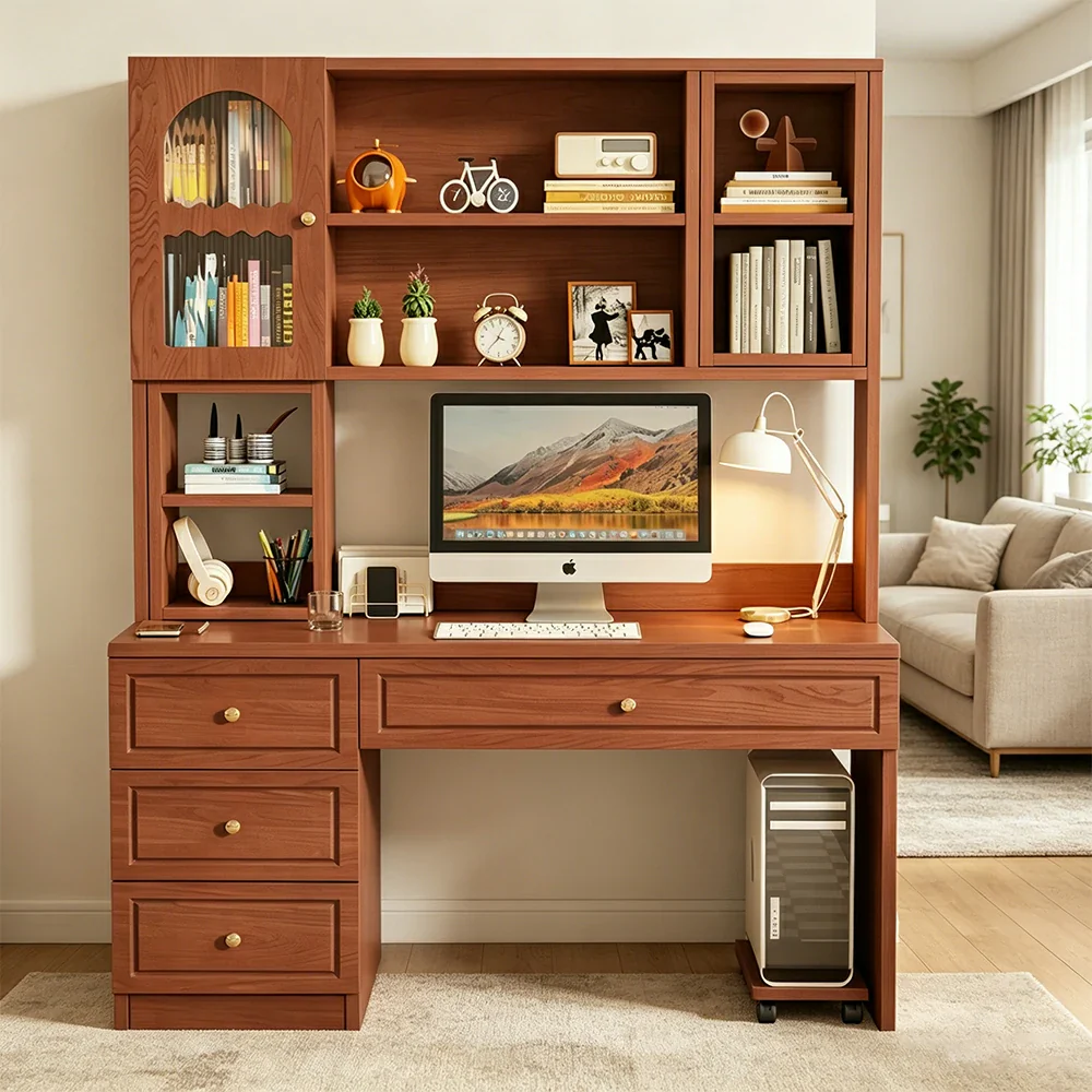LIVARA Desk with Bookshelf Storage & Drawers for Bedroom Study Room - Walnut - Image 5