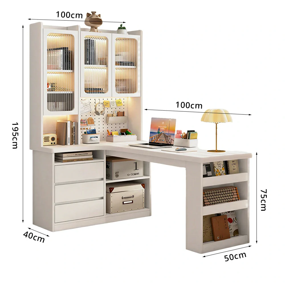 LIVARA Desk with Left Bookshelf Display Cabinet & Drawers for Study Room - Cream White - Image 8