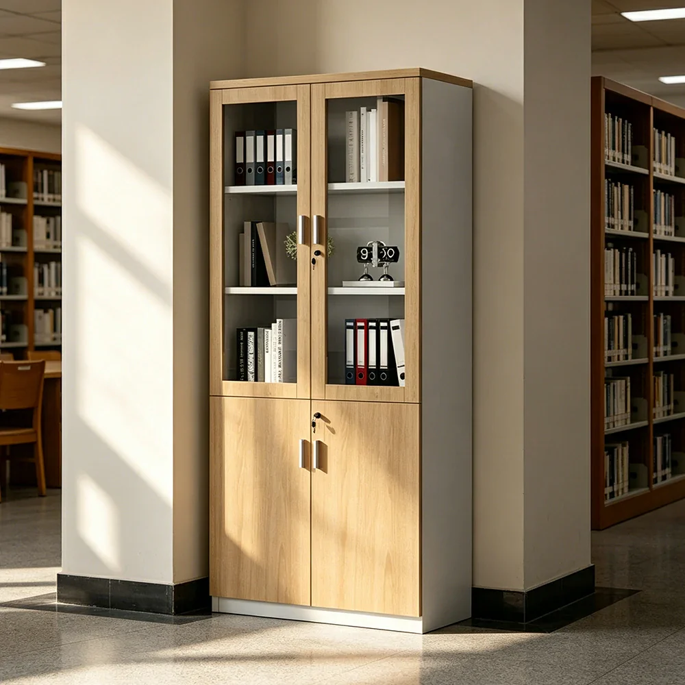 LIVARA 2 Door File Cabinet with Glass Doors Office Storage Bookcase Cabinet - Oak - Image 2
