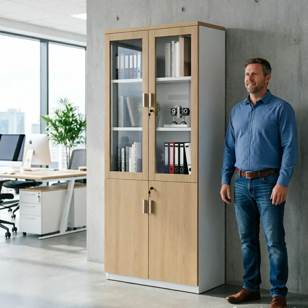 LIVARA 2 Door File Cabinet with Glass Doors Office Storage Bookcase Cabinet - Oak - Image 6