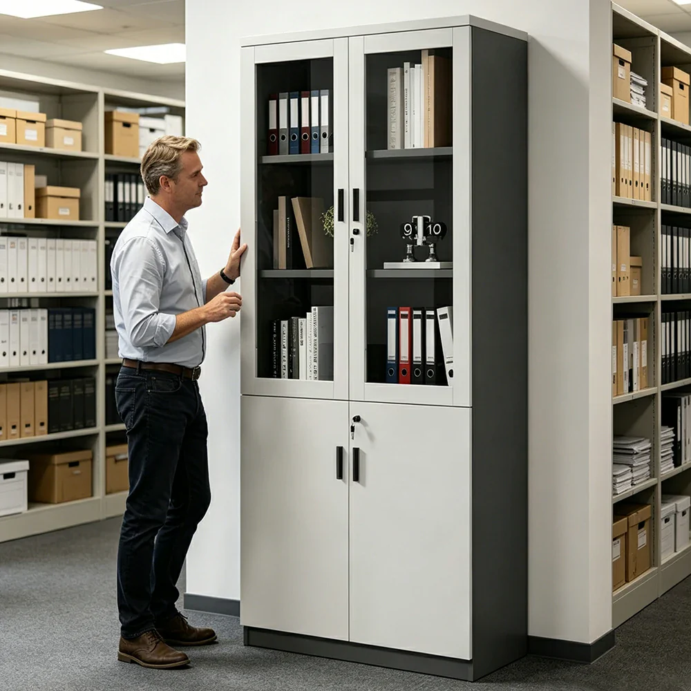 LIVARA 2 Door Bookcase A Style Office Storage Cabinet with Display Shelves - Warm White - Image 6