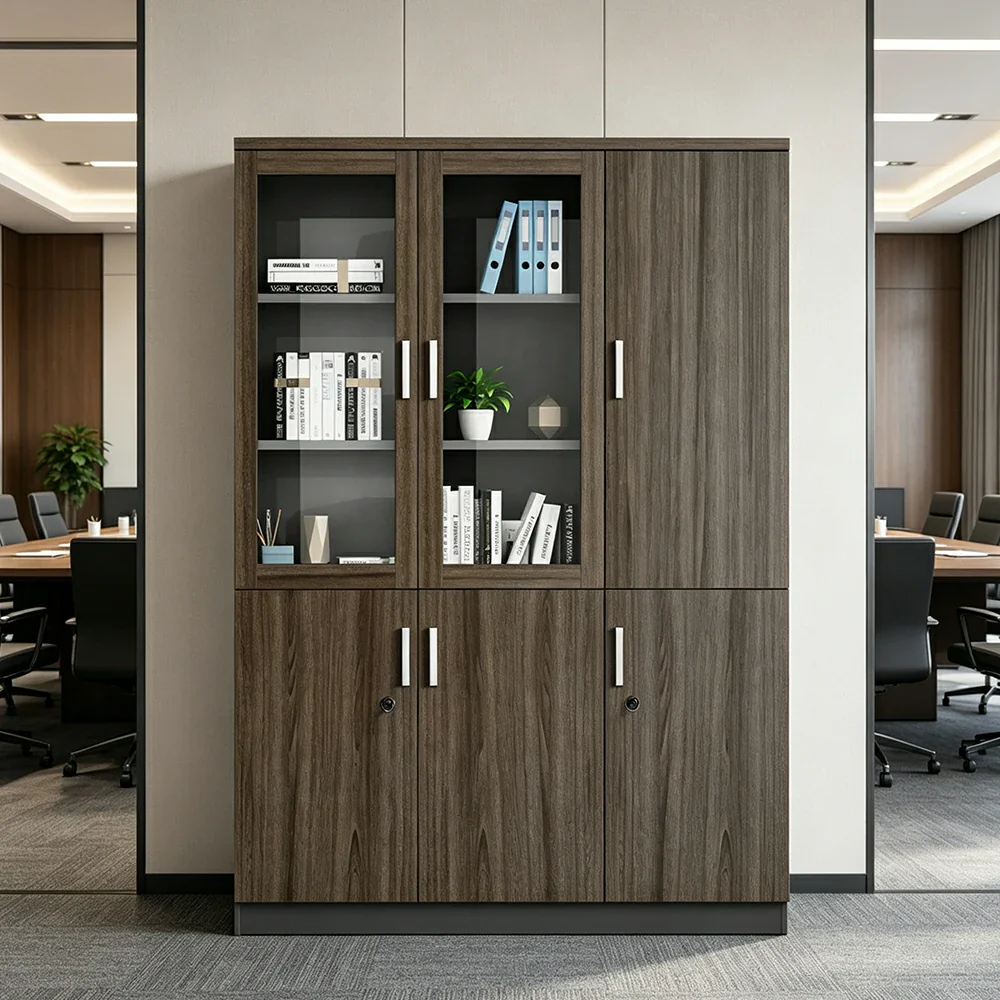 LIVARA 3 Door Bookcase C Style Glass Display Storage Cabinet - Walnut - Image 5