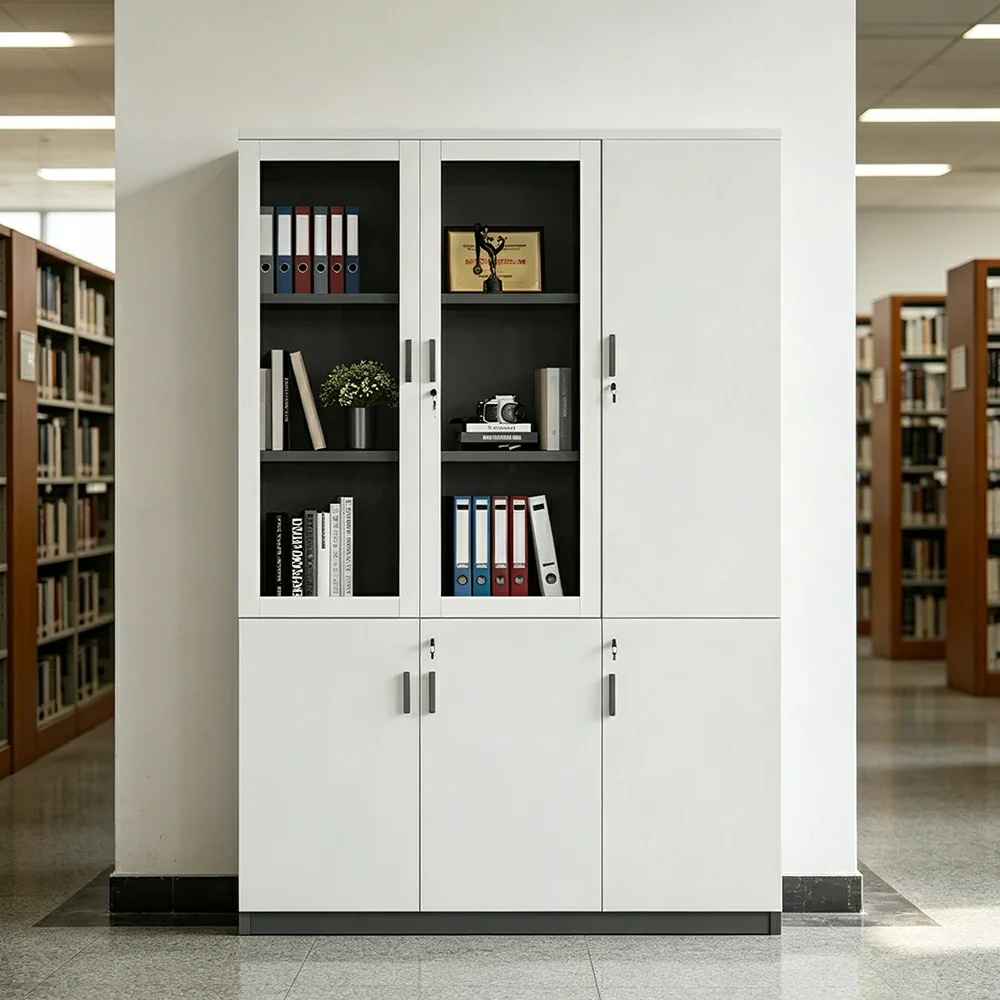 LIVARA 3 Door Bookcase A Style Office Storage Cabinet with Display Shelves - Warm White - Image 4