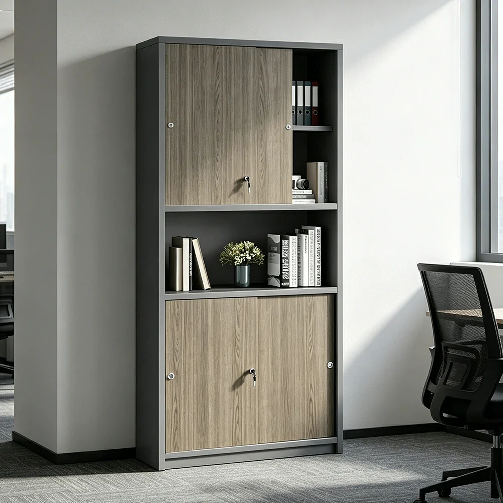 LIVARA Double Door Office Storage Cabinet with File Shelves 80x40x200cm for Study Office - Walnut - Image 5