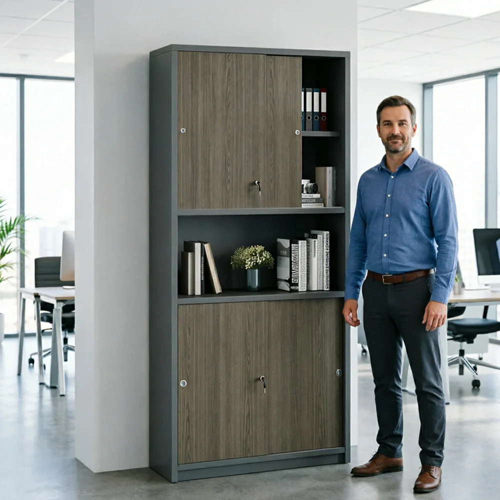 LIVARA Double Door Office Storage Cabinet with File Shelves 80x40x200cm for Study Office - Walnut - Image 6