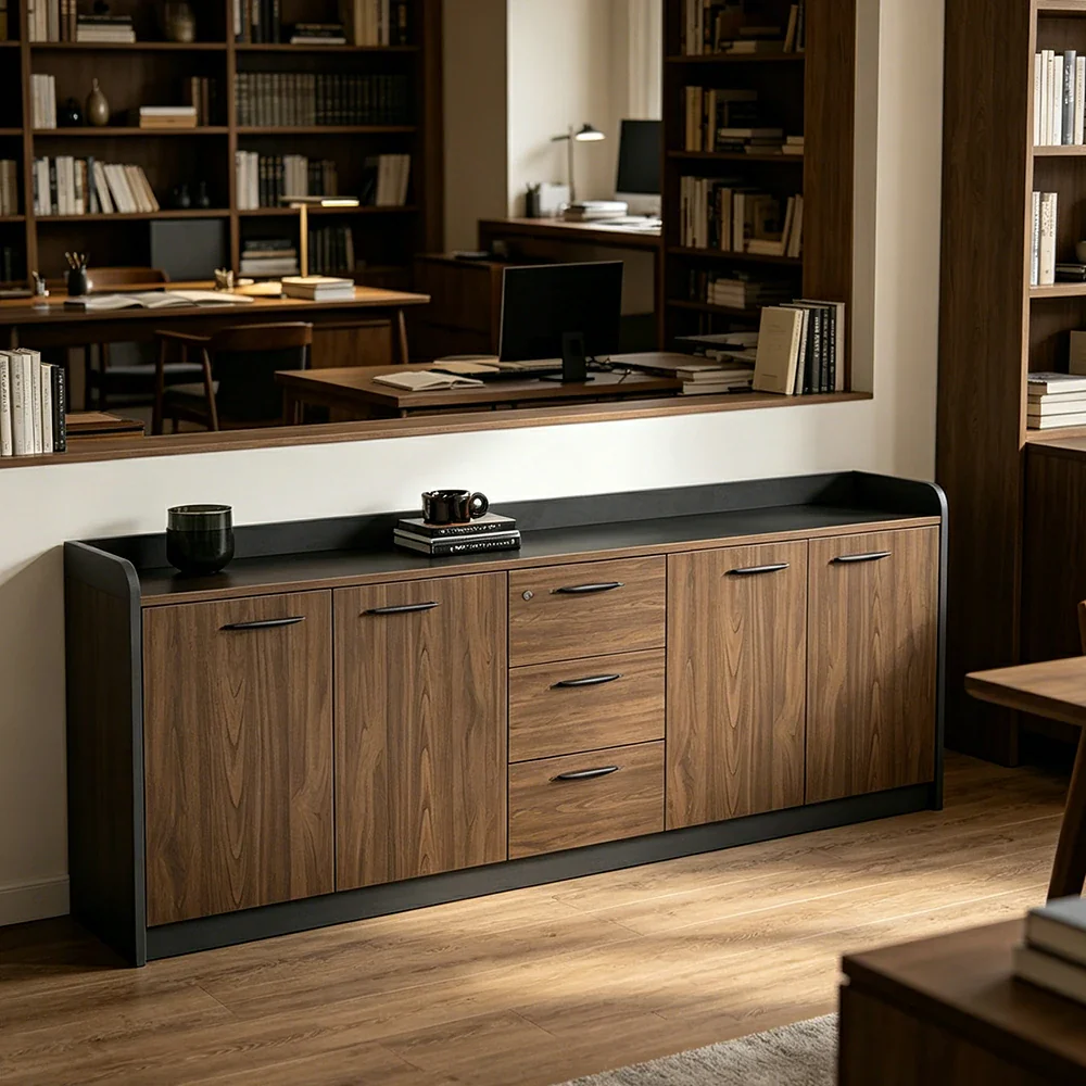LIVARA 4-Door 3-Drawer Office Storage Cabinet with Shelves - Brown - Image 4