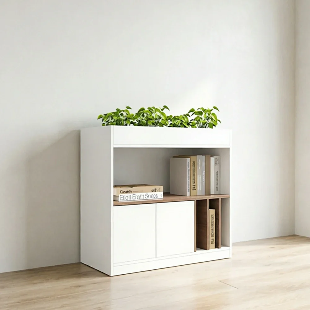LIVARA Office Storage Cabinet - Planter Top Display Shelf with Doors for Study Room - White Oak - Image 2