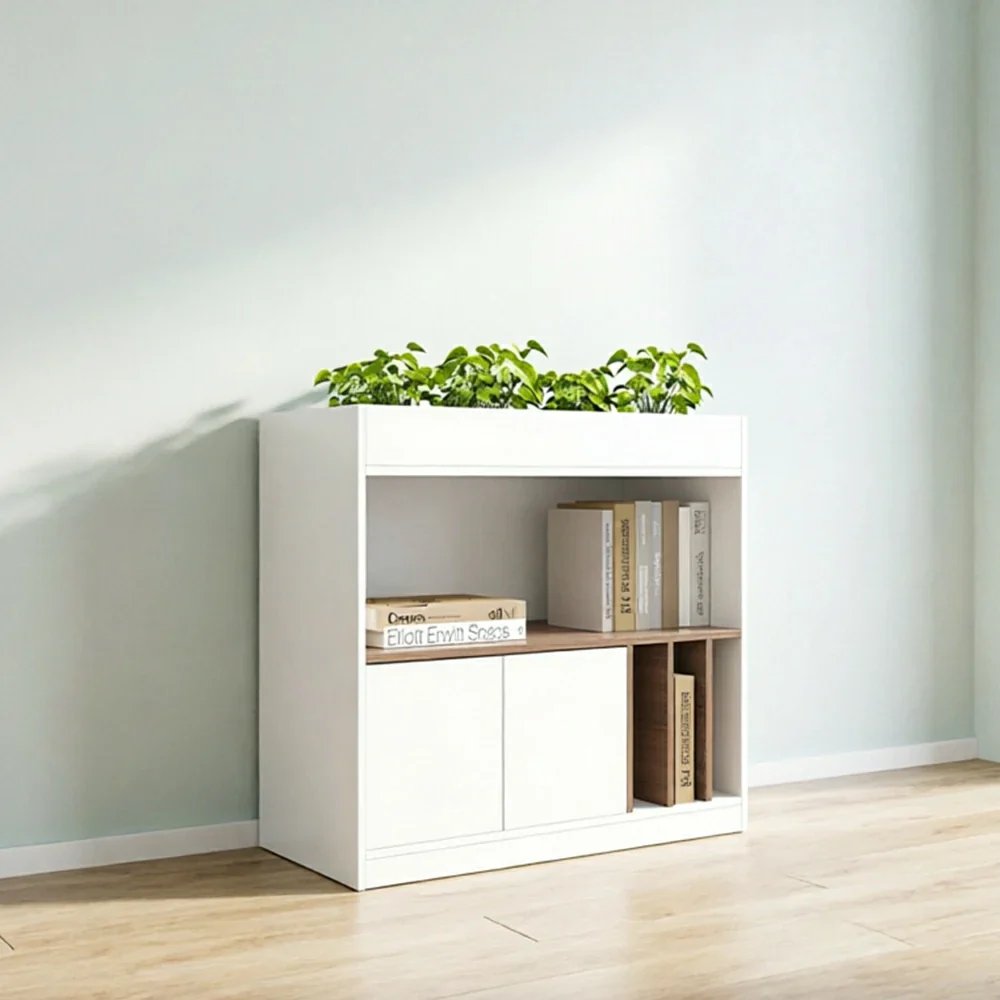 LIVARA Office Storage Cabinet - Planter Top Display Shelf with Doors for Study Room - White Oak - Image 4