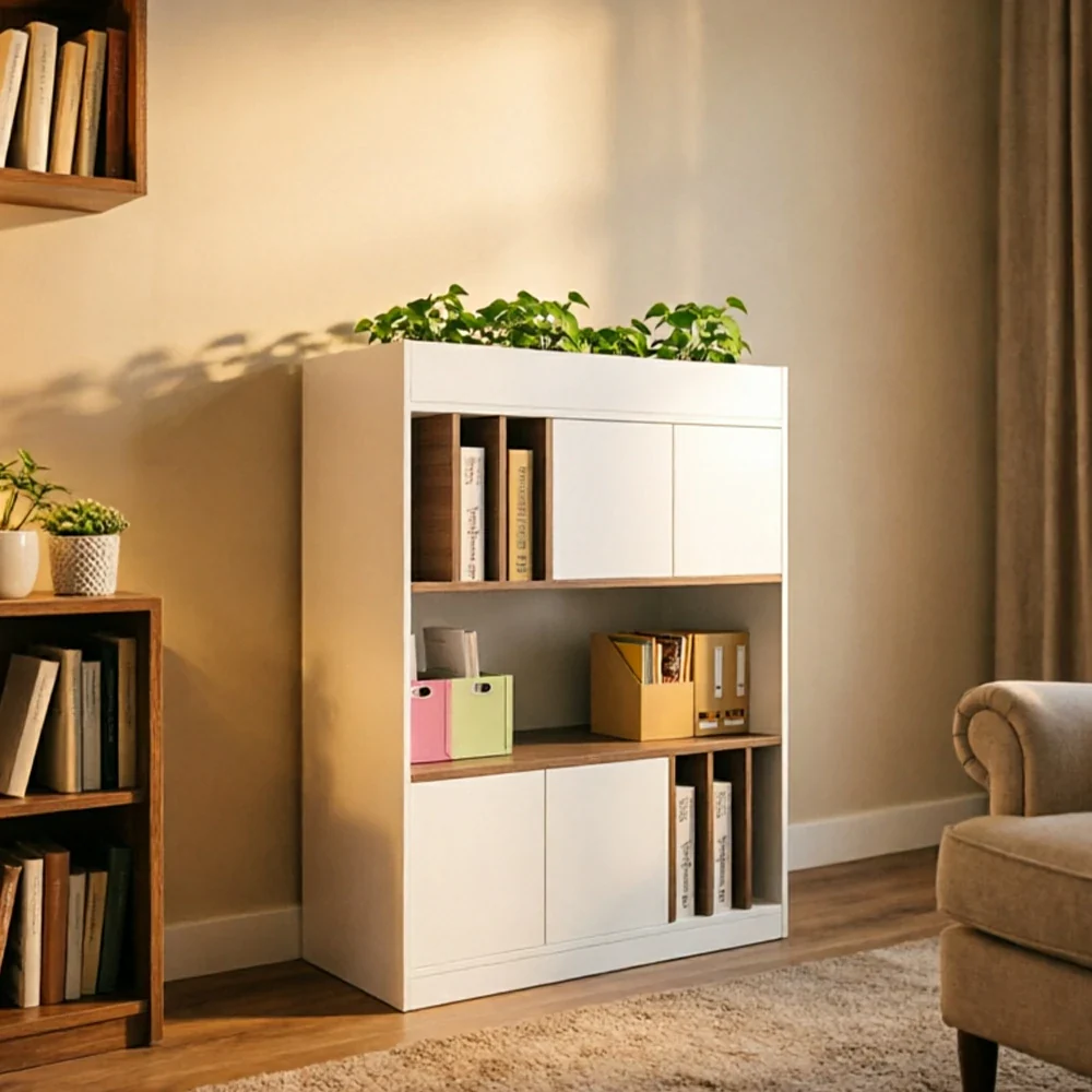 LIVARA 3 Tier Single-Sided Office Storage Cabinet - Planter Top Display Shelf with Doors - White Oak - Image 4