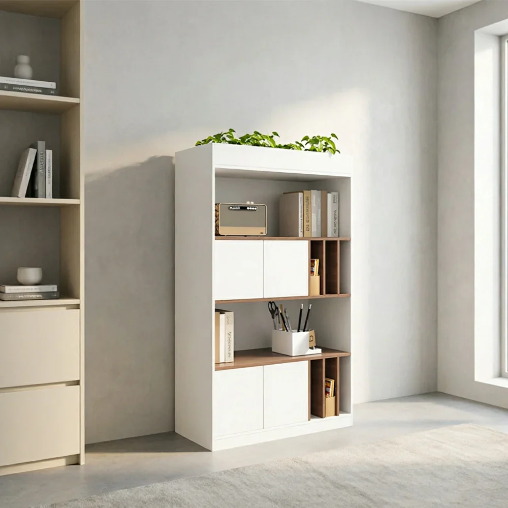 LIVARA 4 Tier Single-Sided Office Storage Cabinet - Planter Top Display Shelf with Doors - White Oak - Image 2