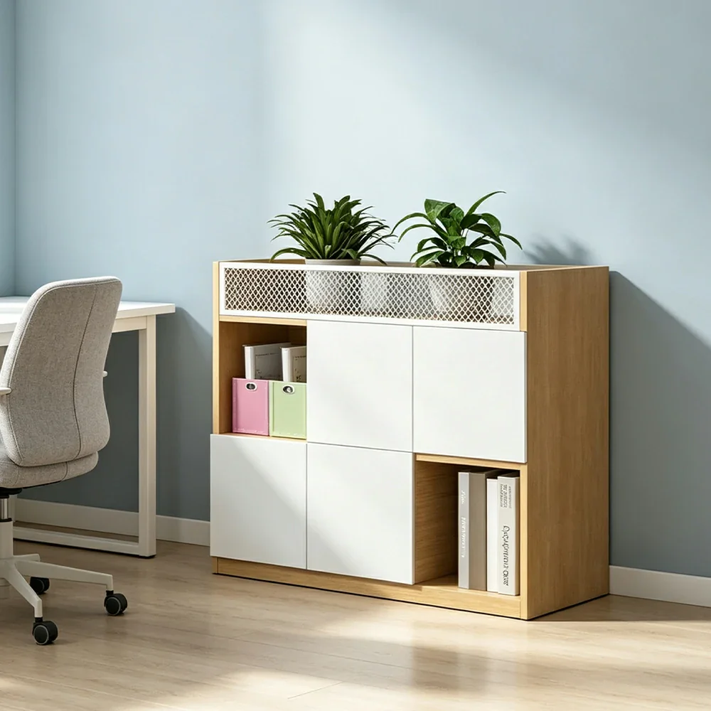 LIVARA Office Storage Cabinet - Planter Top Display Shelf with Lattice Panel - White Oak - Image 4