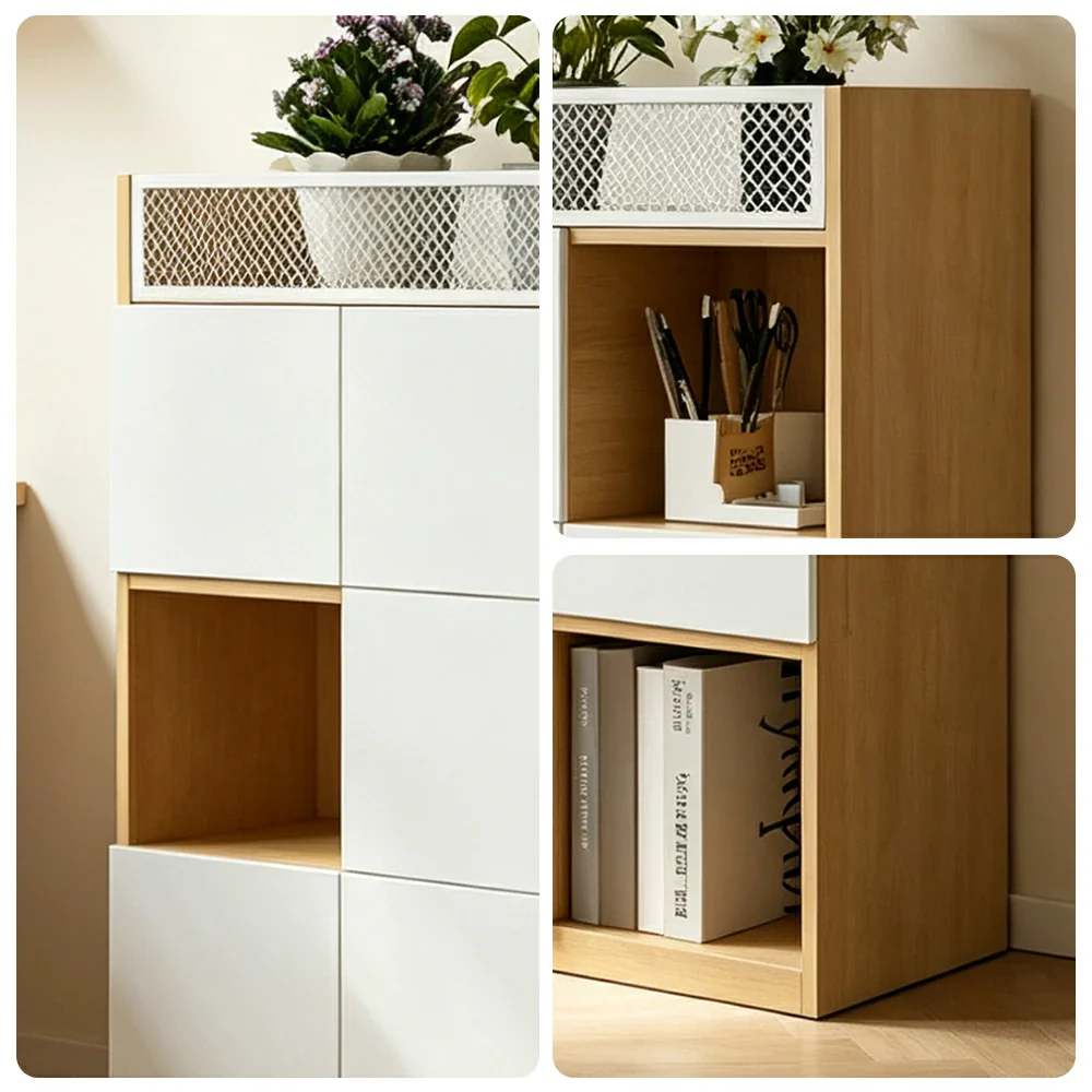 LIVARA 3 Tier Office Storage Cabinet - Planter Top Display Shelf with Doors - White Oak - Image 6