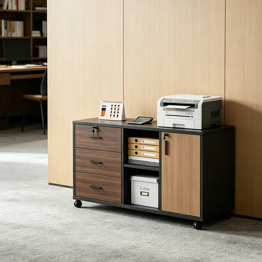 LIVARA Mobile Office Storage Cabinet - 3 Drawers 2 Shelves and Door Printer Stand - Walnut Black - Image 5