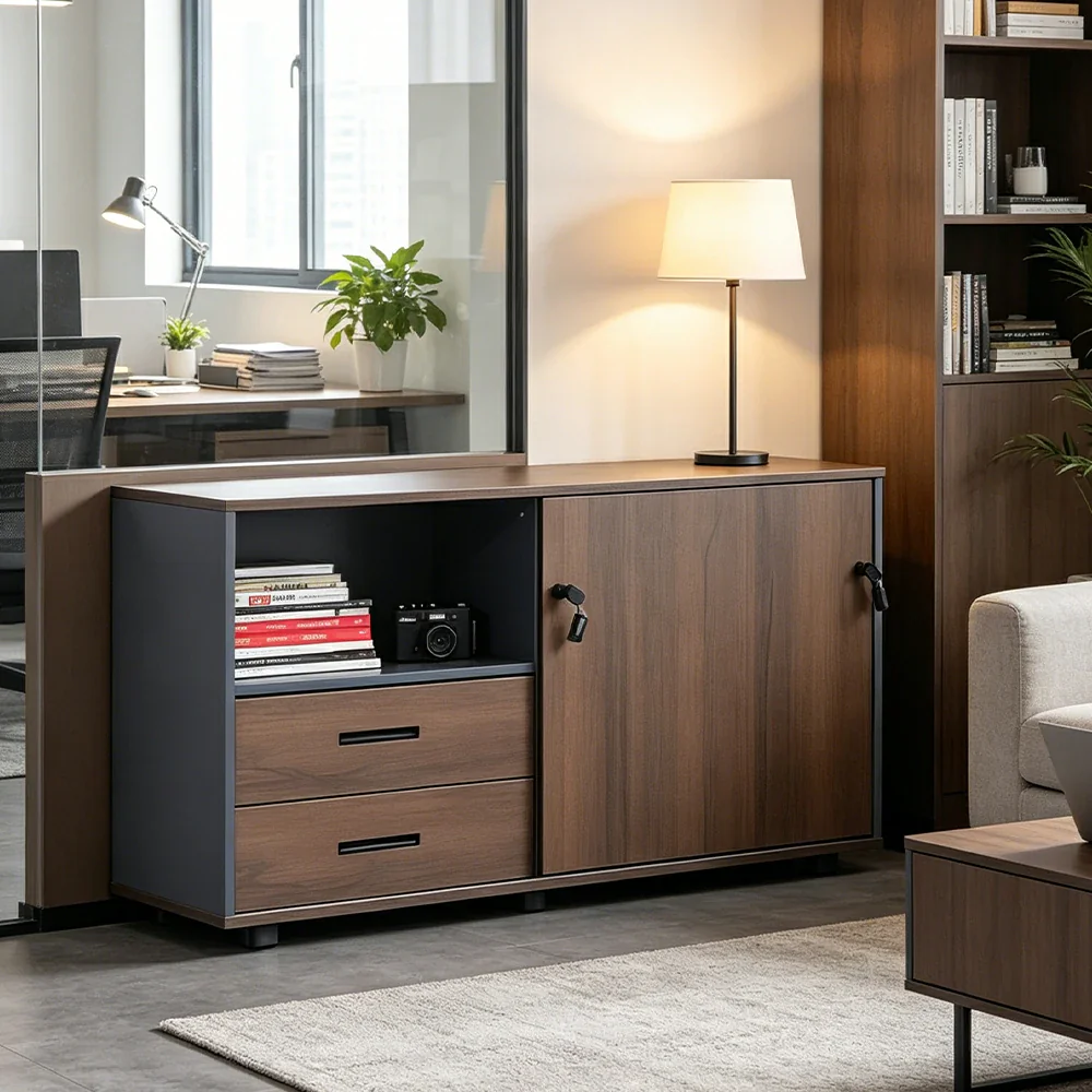 LIVARA Office Storage Cabinet - Left Door 2 Drawers Display Shelf for Workspace - Grey - Image 2
