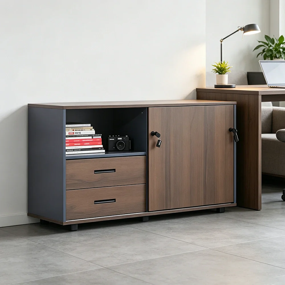 LIVARA Office Storage Cabinet - Left Door 2 Drawers Display Shelf for Workspace - Grey - Image 4