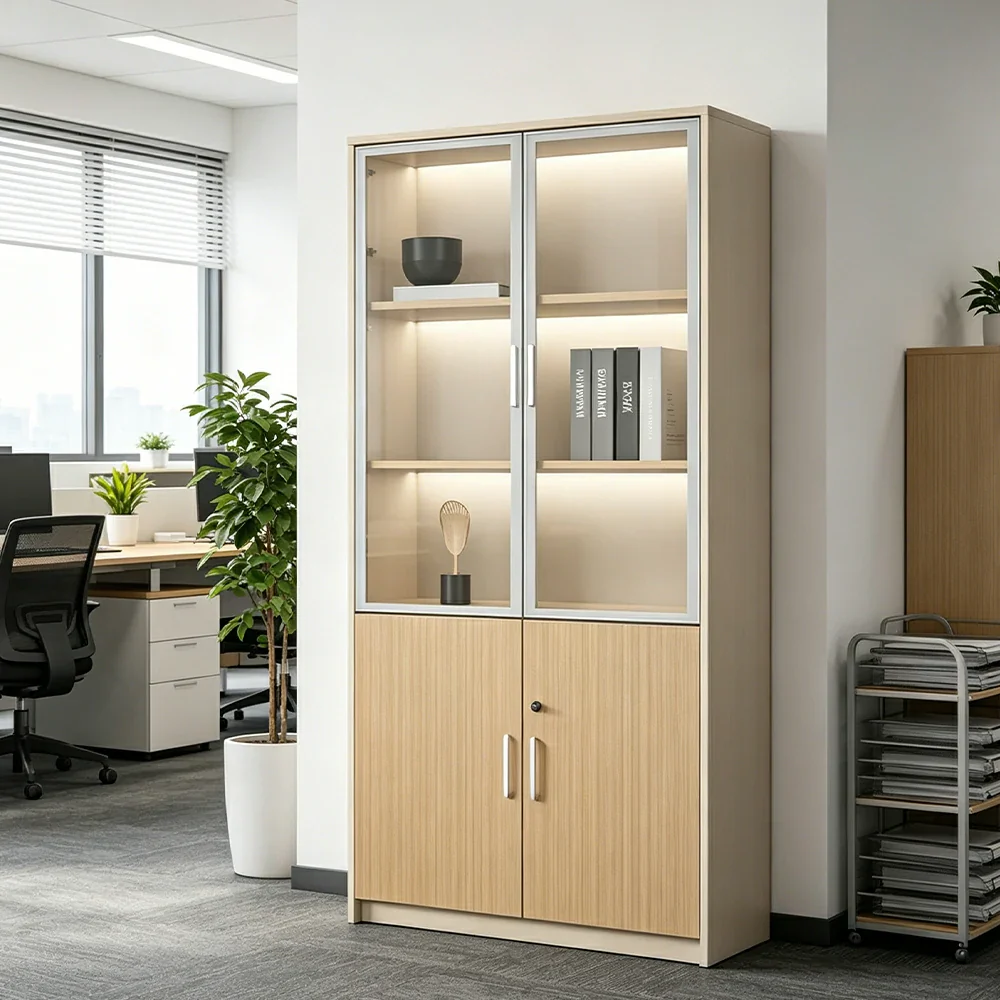 LIVARA 2 Door Glass Storage Cabinet Aluminium Frame 80x40x200cm for Office Study Room - White - Image 2