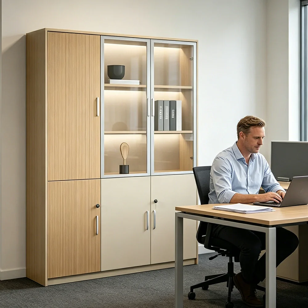 LIVARA 3 Door Left Storage Cabinet Glass Display Cabinet for Office Study Room - Natural Beige - Image 6