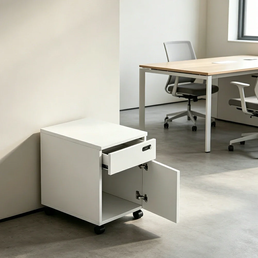 LIVARA 1 Door 1 Drawer Mobile Storage Cabinet for Home Office - Classic White - Image 2