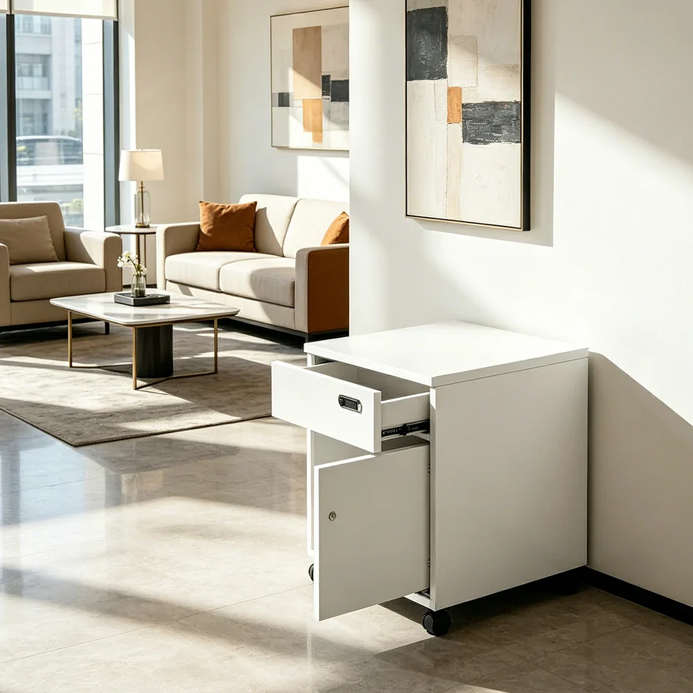 LIVARA 1 Door 1 Drawer Mobile Storage Cabinet for Home Office - Classic White - Image 4