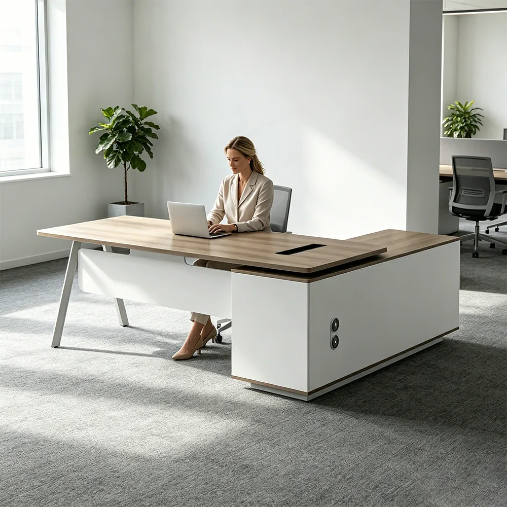 LIVARA 1.8m Office Desk - Side Cabinet Storage & Power Outlet for Office - Light Wood - Image 6