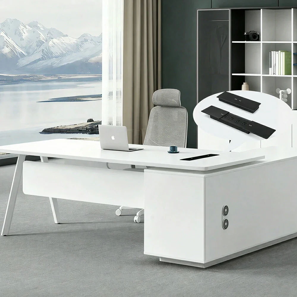 LIVARA 1.8m Executive Office Desk - Modern Manager Workstation with Side Cabinet - White - Image 5