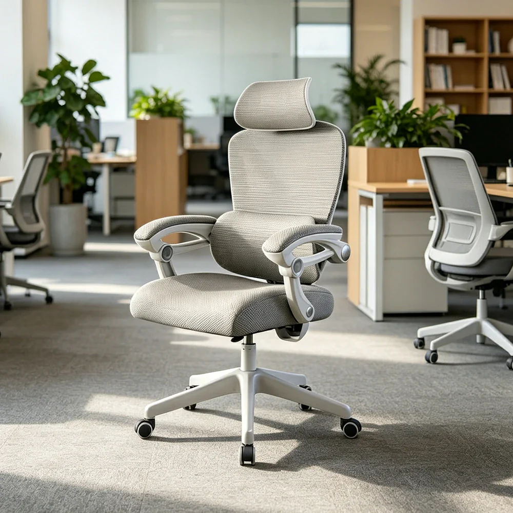 LIVARA White Frame Ergonomic Office Chair Grey Fabric Executive Mesh Desk Chair Modern Adjustable Swivel Office Seating No Footrest - Grey - Image 2