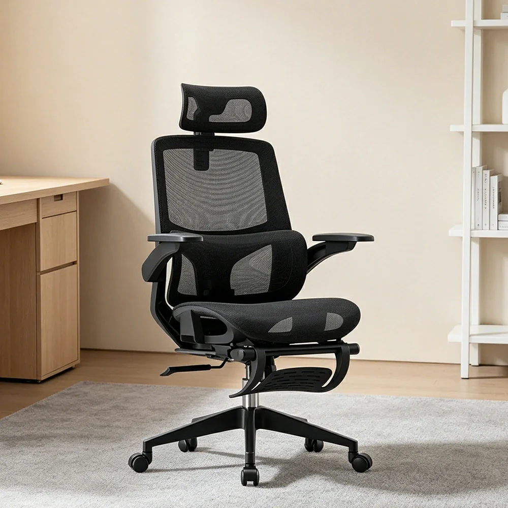 LIVARA High Back Ergonomic Mesh Office Chair Adjustable Lumbar Support 135° Recline Footrest Chair - Black - Image 5