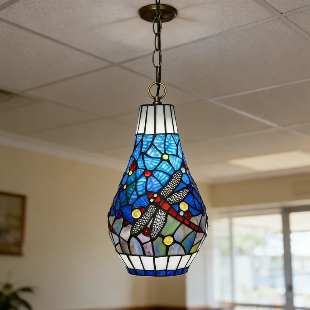 LIVARA Blue Dragonfly Stained Glass Pendant Light Soft Ambient Lighting Adjustable Chain Design Dining Living Room Bedroom Hallway - Image 4