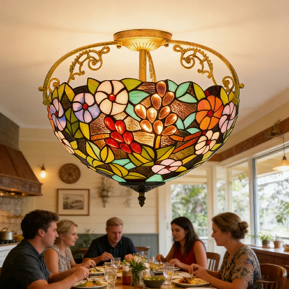 LIVARA European Vintage Grape Floral Pattern Stained Glass Ceiling Light 3-Light Design Even Lighting 42x38cm Suitable for Living Room Bedroom Dining Hallway - Image 5