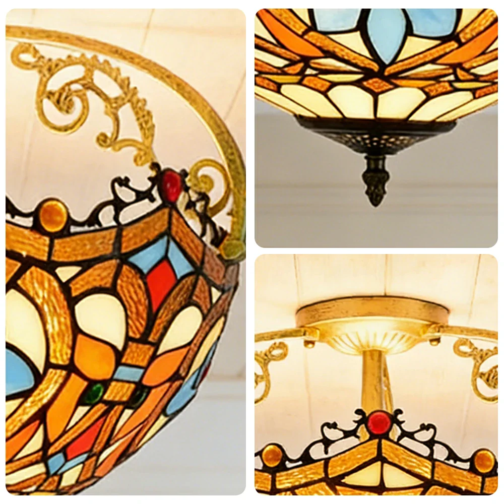 LIVARA European Vintage Heart Pattern Stained Glass Ceiling Light 3-Light Design Even Lighting 42x38cm Suitable for Living Room Bedroom Dining Hallway - Image 3