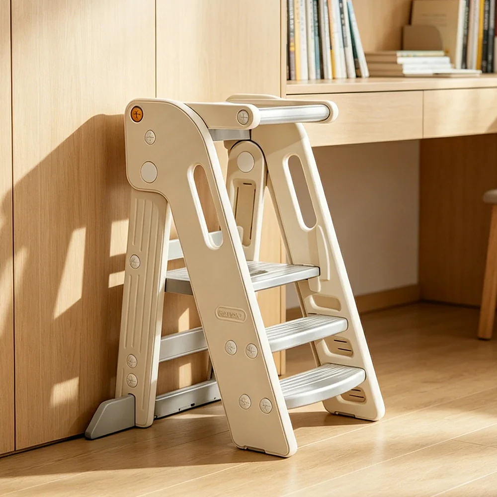 LIVARA Kids Learning Step Stool with Foldable Design and Safety Guardrail for Kitchen Sink and Study Area - Beige - Image 5