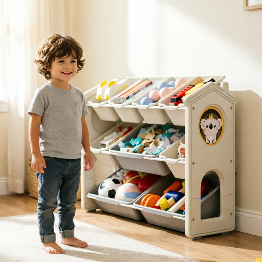 LIVARA Kids Toy Storage Rack with Multi-Zone Bins and Anti-Drop Design Koala Theme 83.5cm for Kids Room and Playroom - Beige - Image 7