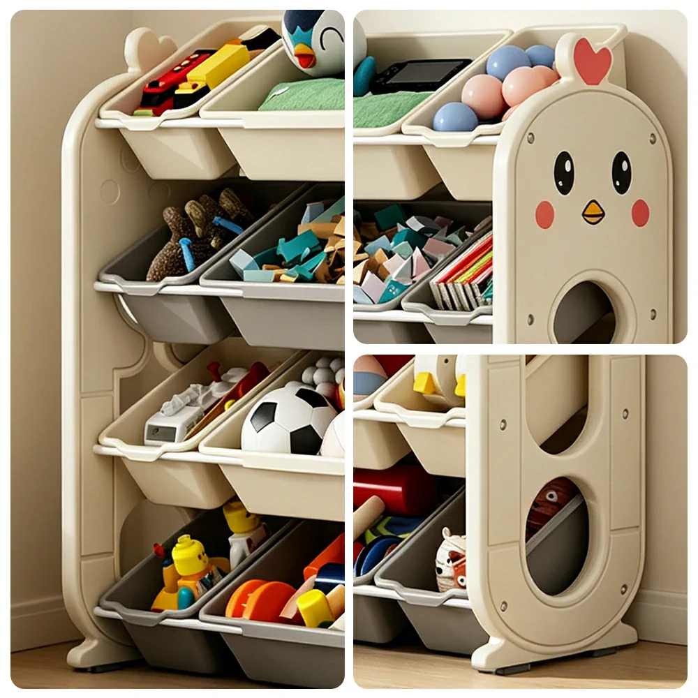 LIVARA Kids Toy Storage Rack with Multi-Zone Bins and Anti-Drop Design Chick Theme 83.5cm for Kids Room and Playroom - Beige - Image 3