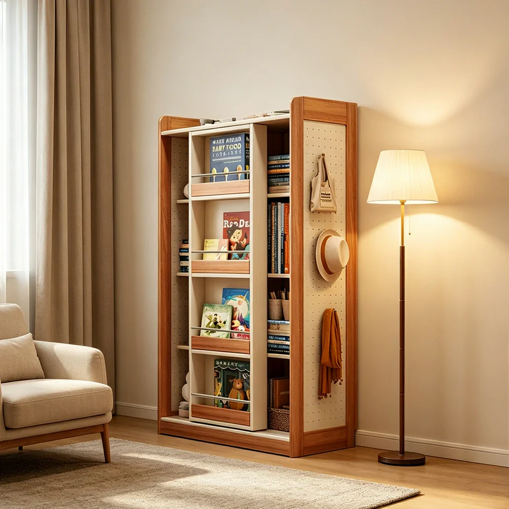 LIVARA Kids Sliding Door Bookcase Solid Wood Frame Rounded Anti-Tip 4-Tier Storage for Kids Room Reading Corner - Image 4
