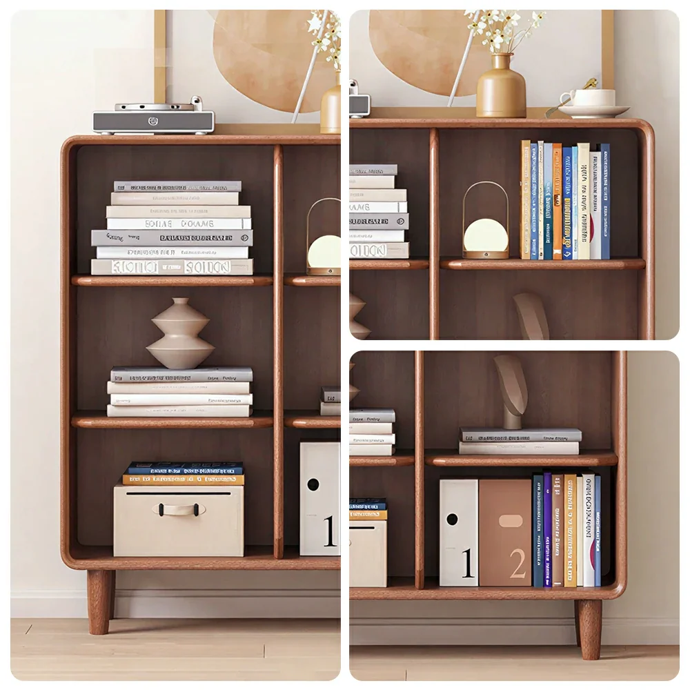 LIVARA Open Solid Wood Bookcase Natural Timber Adjustable Shelves Rounded Design 2-Column for Living Room Study Reading Area - Walnut - Image 3