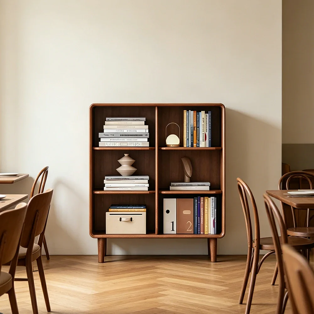 LIVARA Open Solid Wood Bookcase Natural Timber Adjustable Shelves Rounded Design 2-Column for Living Room Study Reading Area - Walnut - Image 5