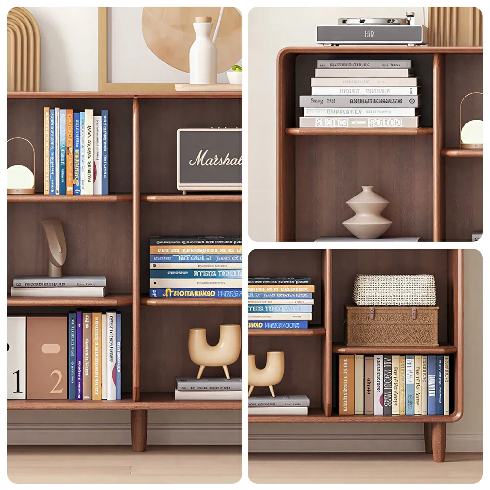 LIVARA Open Solid Wood Bookcase Natural Timber Adjustable Shelves Rounded Design 4-Column for Living Room Study Reading Area - Walnut - Image 3
