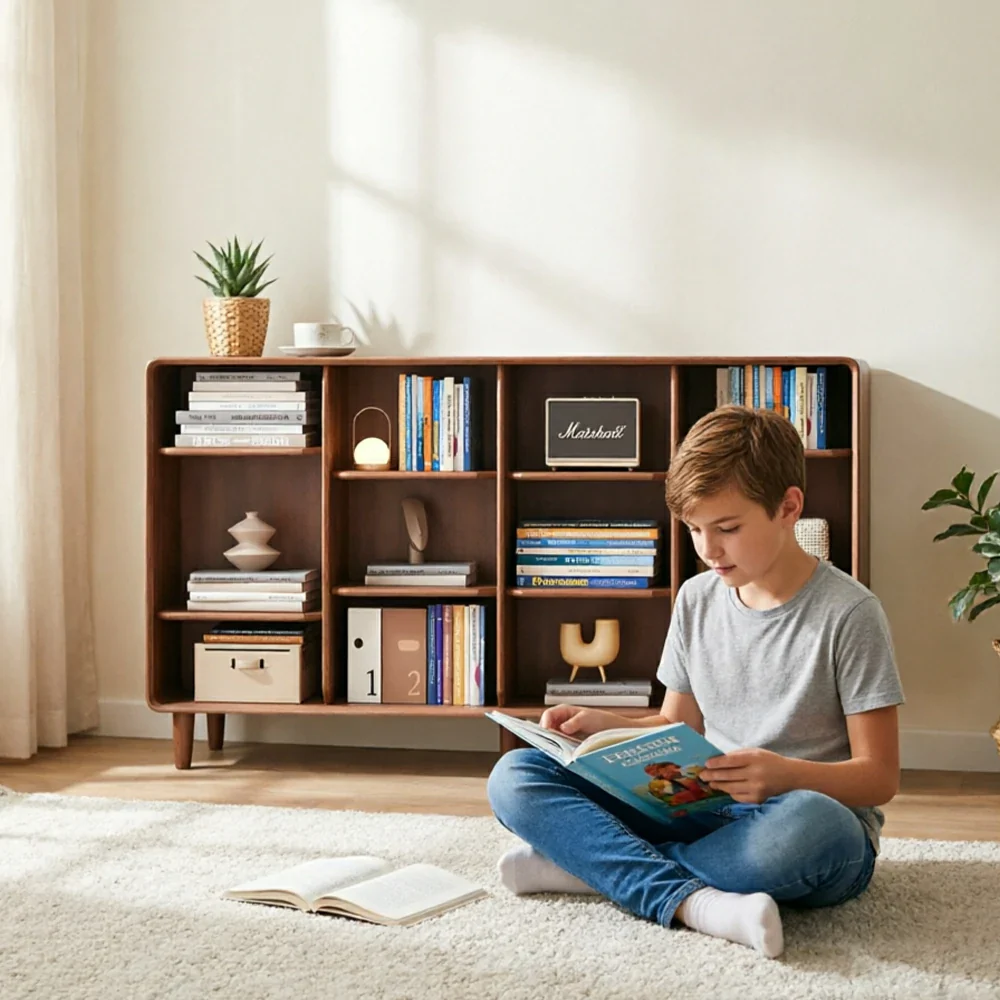 LIVARA Open Solid Wood Bookcase Natural Timber Adjustable Shelves Rounded Design 4-Column for Living Room Study Reading Area - Walnut - Image 6